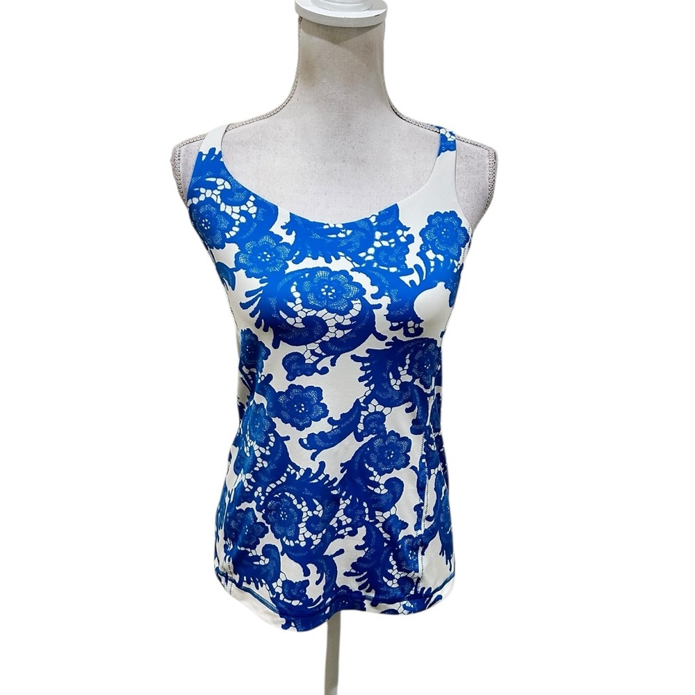 Lululemon Athletica Blue & off White floral athletic workout Tank Top small